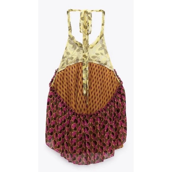 ZARA PRINTED HALTER TOP SIZE L Chiffon Hippie Peplum Layered low cut back Multi - Picture 12 of 12